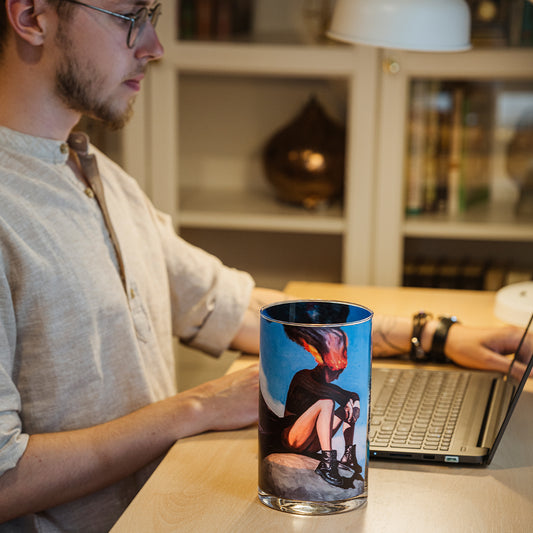 Atomra Home glass candle, love burns her head, Algis Kriščiūnas, glass vase, natural wax, long burning hours, DIY, perfect gift idea, luxury candle, eco, long-lasting candle, interior design