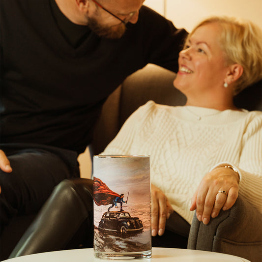 Atomra home glass candle, glass vase, backstage revealed, superman, ocean, natural wax, natural candle, interior, design