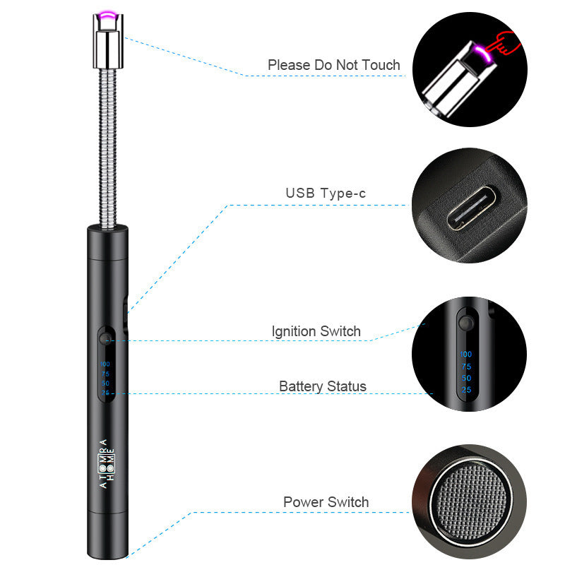 Atomra Home USB type - c lighter, flexible long neck, USB rechargeable lighter, candle electric arc lighter with LED battery display, safety protection