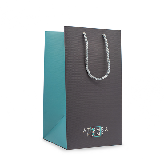 Atomra Home gift bag, present bag, grey and mint blue bag with Atomra Home LOGO